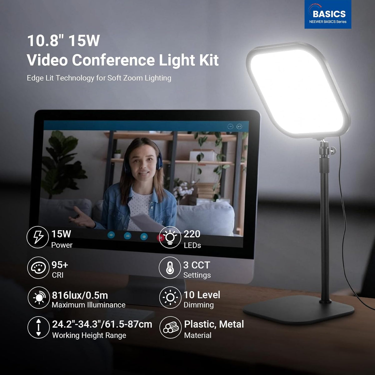 NEEWER Basics L220 Videolamp, 27,9 cm (10,8 inch), met houder, 15 W, Bi-Color Edge Lit Full Screen Desk Light CRI95+ voor laptop, webcam, zoom, calls, streaming-opnames, 2 stuks
