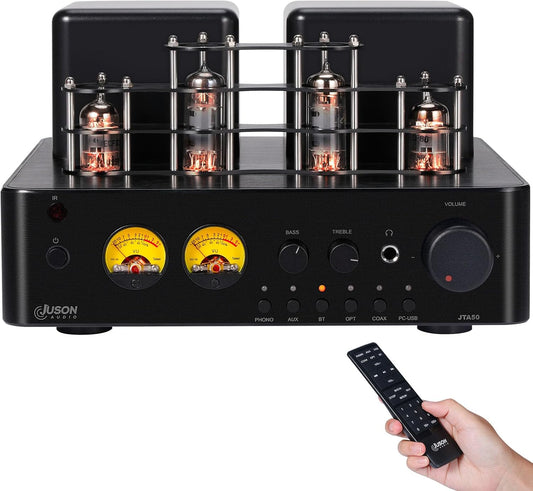 Juson Audio JTA50 Buisversterker Instapniveau Hifi-versterker met BT 5.0, afstandsbediening, AUX, COAX, Phono en USB-ingang, subwoofer uit, 2.1CH voor draaitafel (JTA50)