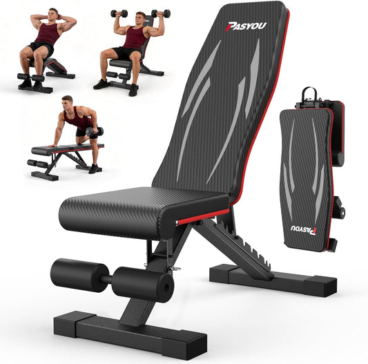 PASYOU Opvouwbare Halterbank, Belastbaarheid 300kg, Verstelbare Multifunctionele Fitnessbank voor Fullbody Training, Sportbank met Grepen voor Thuis en Sportschool (PA350)