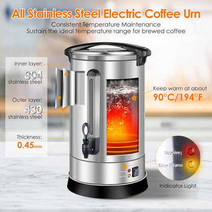 Homtone Gastro Koffiezetapparaat met rond filter, 120 kopjes/18 l, dubbelwandig, groot, roestvrij staal, industrieel koffiezetapparaat met tapkraan, voor feest, warmwaterdispenser voor koffie, thee