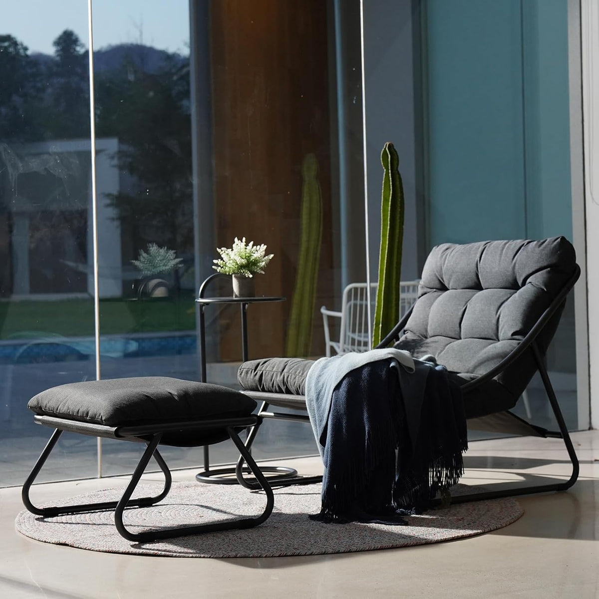 Grand patio Garden Lounger Garden Chair with Side Table and Footstool, Armchair with Removable Cushion for Adults, Sun Lounger for Patio, Living Room, Outdoor, Dark Grey - QUORE