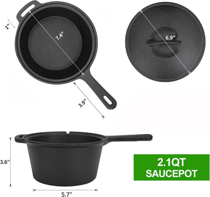 8 Piece Pre-Seasoned Dutch Oven Cooking Set Cast Iron Camping Kitchen Cookware Bakeware Frying Pans & Square Grill Pan w/ Vintage Carry Wooden Box for Ourdoor Home BBQ Baking - QUORE