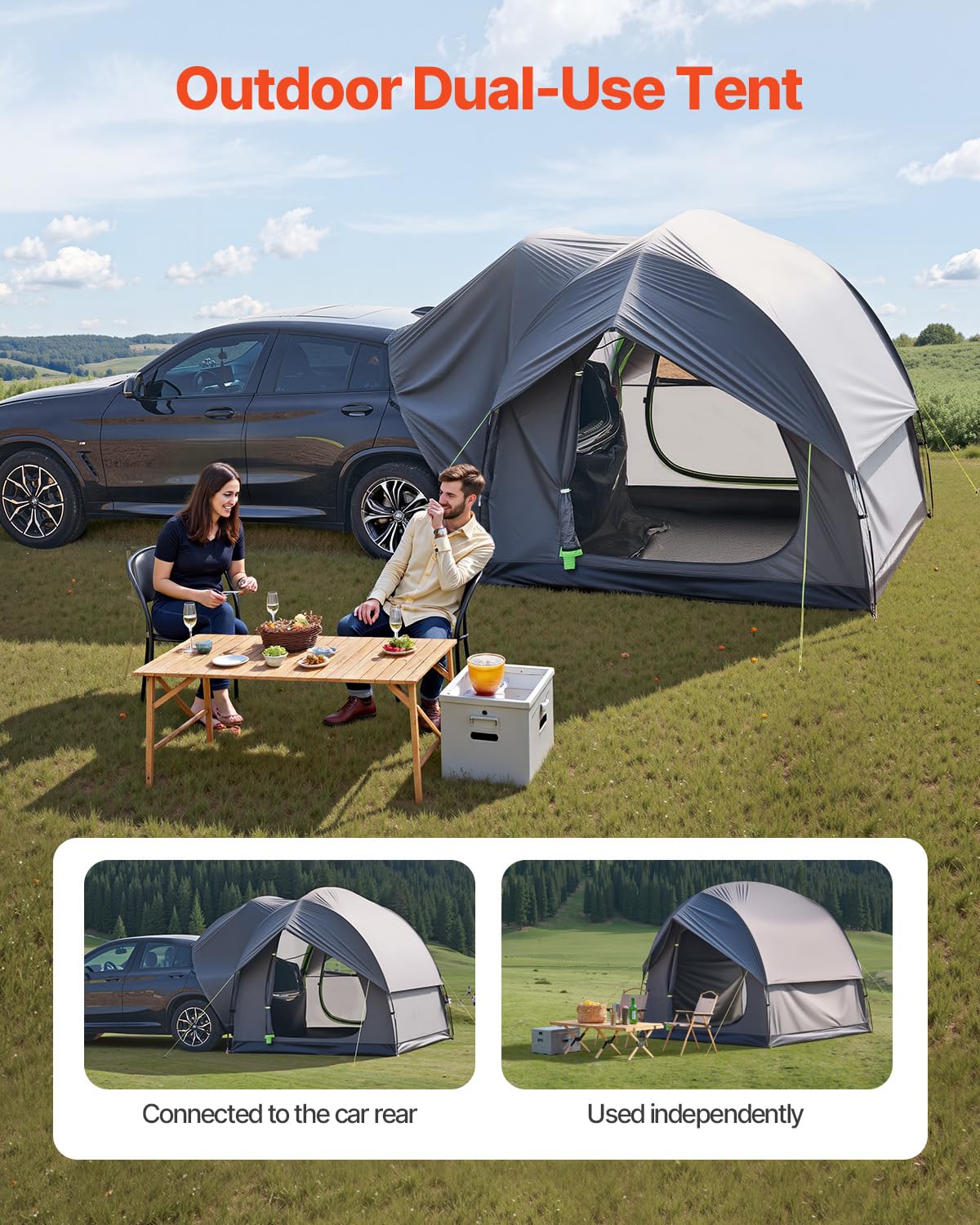 VEVOR Campingtent voor SUV, PU 2000 mm, waterdicht, ruim dubbellaags design voor 5-8 personen, met netramen, inclusief luifel en opbergtas, 2400 x 2400 x 2150 mm