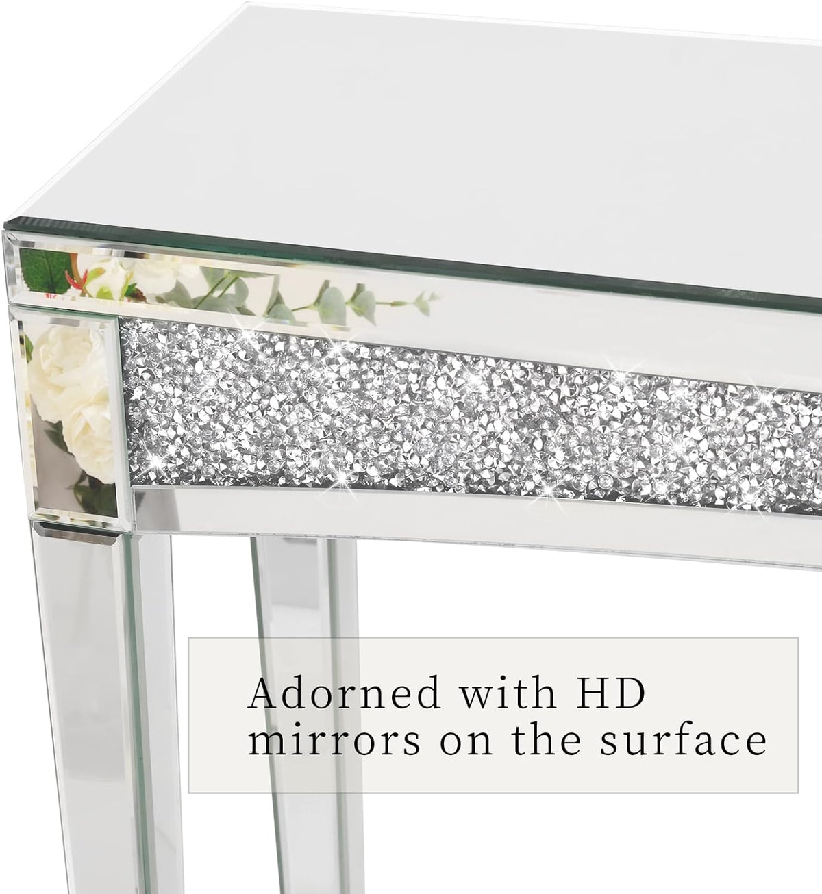 Consoletafel met spiegeloppervlak: 120 x 35 x 80 cm, moderne zilveren haltafel van glas met glanzende diamanten, luxe decoratie voor hal, kaptafel, woonkamer, slaapkamer