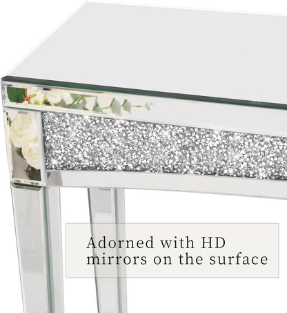 Consoletafel met spiegeloppervlak: 120 x 35 x 80 cm, moderne zilveren haltafel van glas met glanzende diamanten, luxe decoratie voor hal, kaptafel, woonkamer, slaapkamer