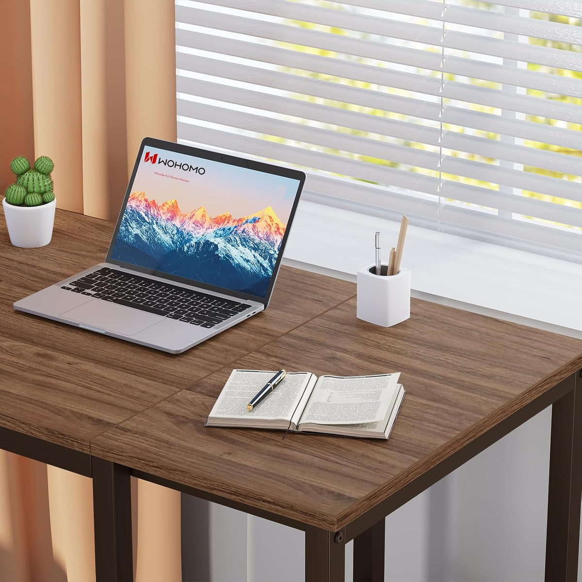 WOHOMO Computerbureau 120 cm met 2-laags planken, stevig thuiskantoor bureau met grote opslagruimte, modern gamingbureau, studie-schrijftafel, laptoptafel, bruin