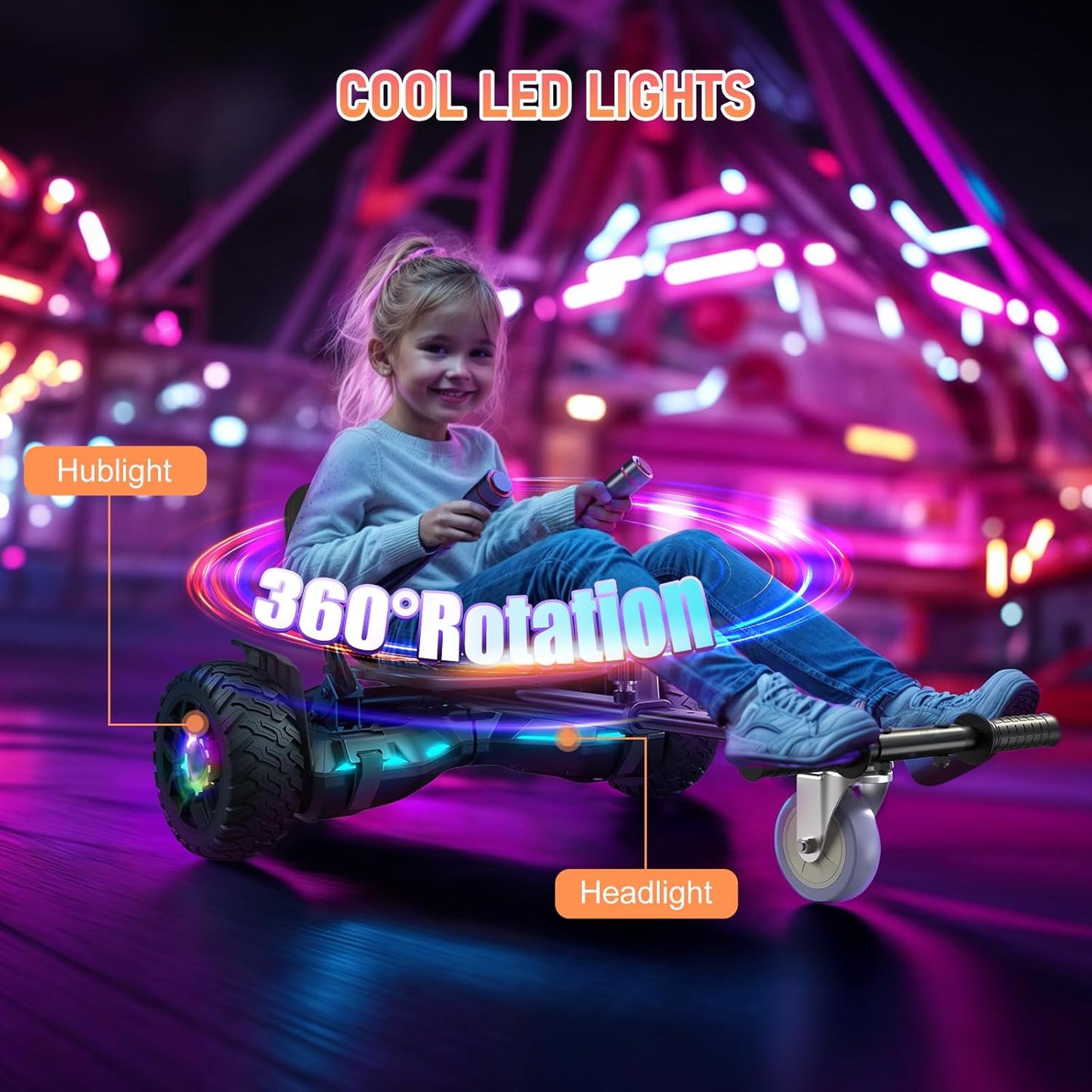 Scooter met zitting, 21,6 cm (8,5 inch), go-cart, combo met kleurrijke led-lampjes en bluetooth, voor kinderen, jongens, meisjes, volwassenen, alle leeftijden