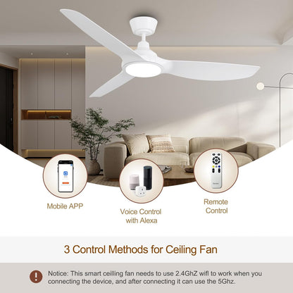 Ovlaim Plafondventilator, 132 cm, met kunststof bladen en ledverlichting, incl. afstandsbediening, DC-energiebesparende motor, ultralicht, voor zomer en winter, wit [energieklasse D].