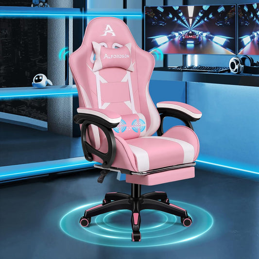 ALFORDSON Gaming Chair Office Chair with 2-Point Massage, Footrest, Headrest and Lumbar Cushion, 150° Adjustable Backrest, PU Leather, Pink - QUORE