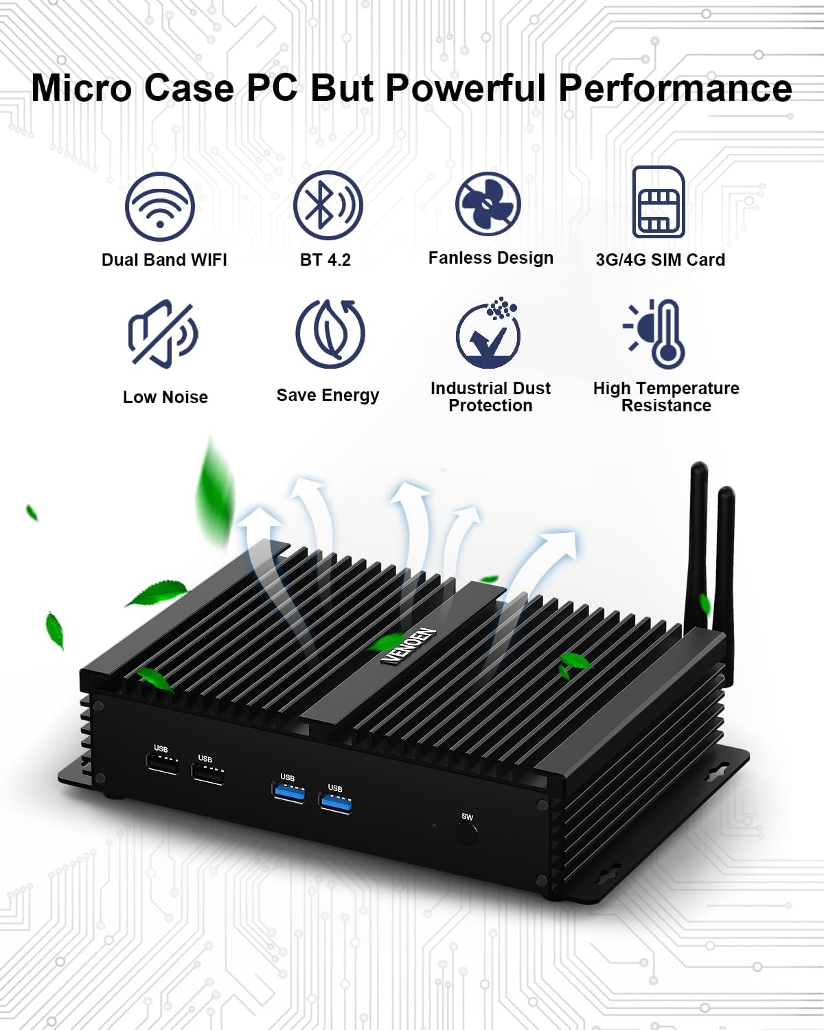VENOEN Industrial Mini PC, Fanless PC I7, Industrial Computer, Core i7 8550U, W11 Pro, HD1.4, VGA, Dual Display, 6 RS232 COM, RJ45 LAN, USB, SIM slot, WLAN, BT4.0, WOL, RAID, 16GB RAM 512GB - QUORE