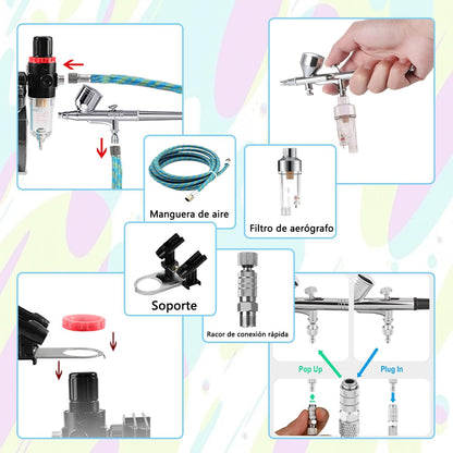 ABEST Airbrush Compressorkit: luchtslang, airbrush-houder, minifilter, double action-mechanisme voor nail art, tijdelijke tatoeages, hobby-1 schildergereedschap