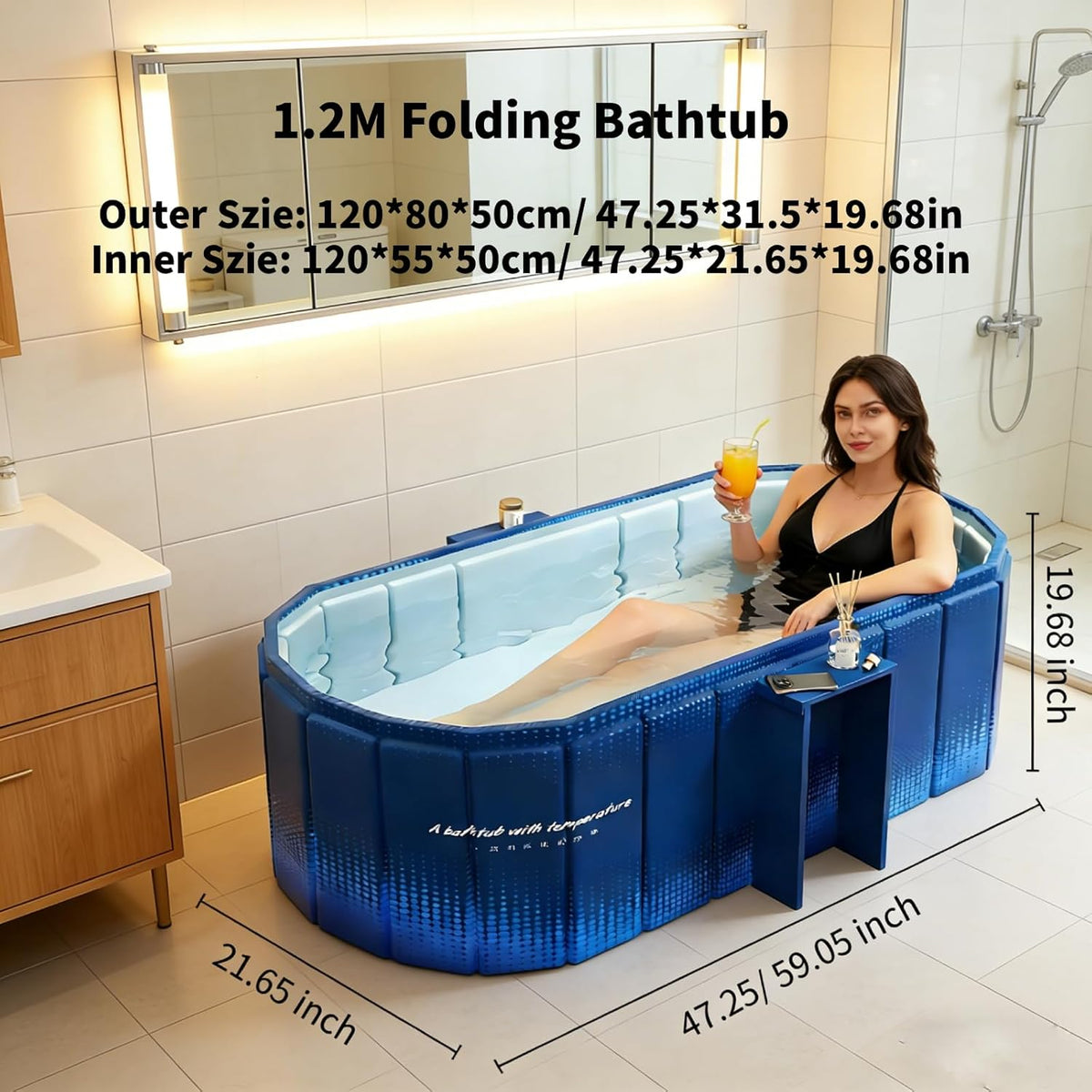 XUDREZ Draagbare badkuip voor volwassenen, opvouwbaar, staande badkuip met opbergplank, vrijstaande warme ijsbadkuipen, Japanse spa, sauna, inklapbaar, blauw, 1,2 m