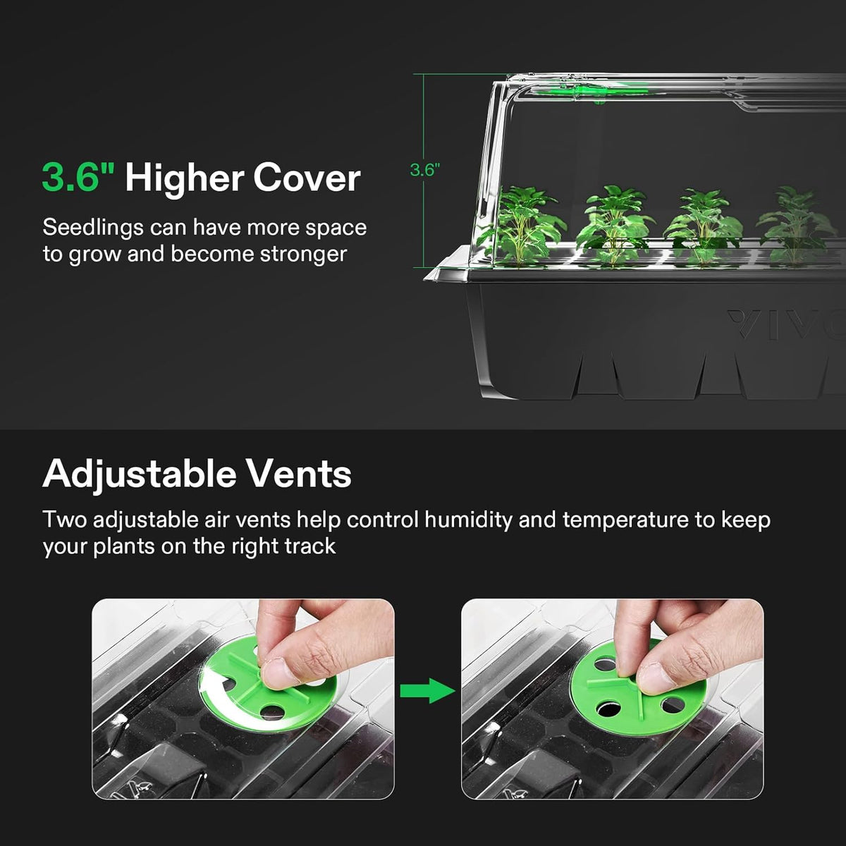VIVOSUN 1 Pack 40-Cell Seed Starter Trays with 1 Set LED Lights and 10"x20.7" Seedling Heat Mat, 3.6 Inch Higher Coverage, Adjustable Vents, Drainage Holes, Green Grow Tray for It - QUORE