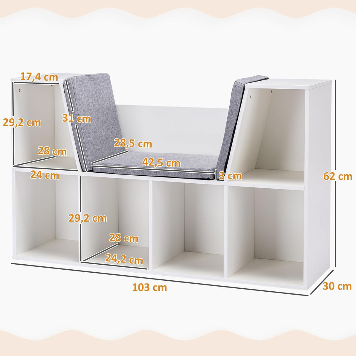 HOMCOM Children's Shelf Bookshelf with Stool Children's Bench with 6 Compartments Seat Box with 3 Cushions Toy Box from 3 Years Foam White + Grey 103 x 30 x 60 cm - QUORE