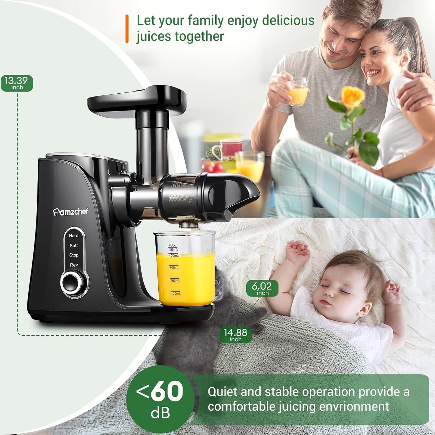 AMZCHEF Cold Press Slow Juicer met 2 snelheidsstanden （Zachte en harde stand）voor een breed scala aan fruit en groenten - Juicer wordt geleverd met een 500ml draagbare fles en twee kopjes - Zwart