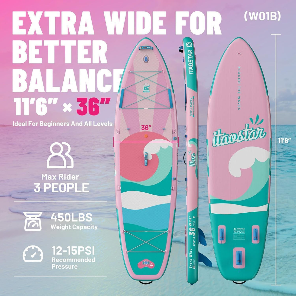 iTAOSTAR SUP-board voor beginners, SUP-board met zitting, complete accessoires, allround surfplank voor yoga, roze/oranje/geel