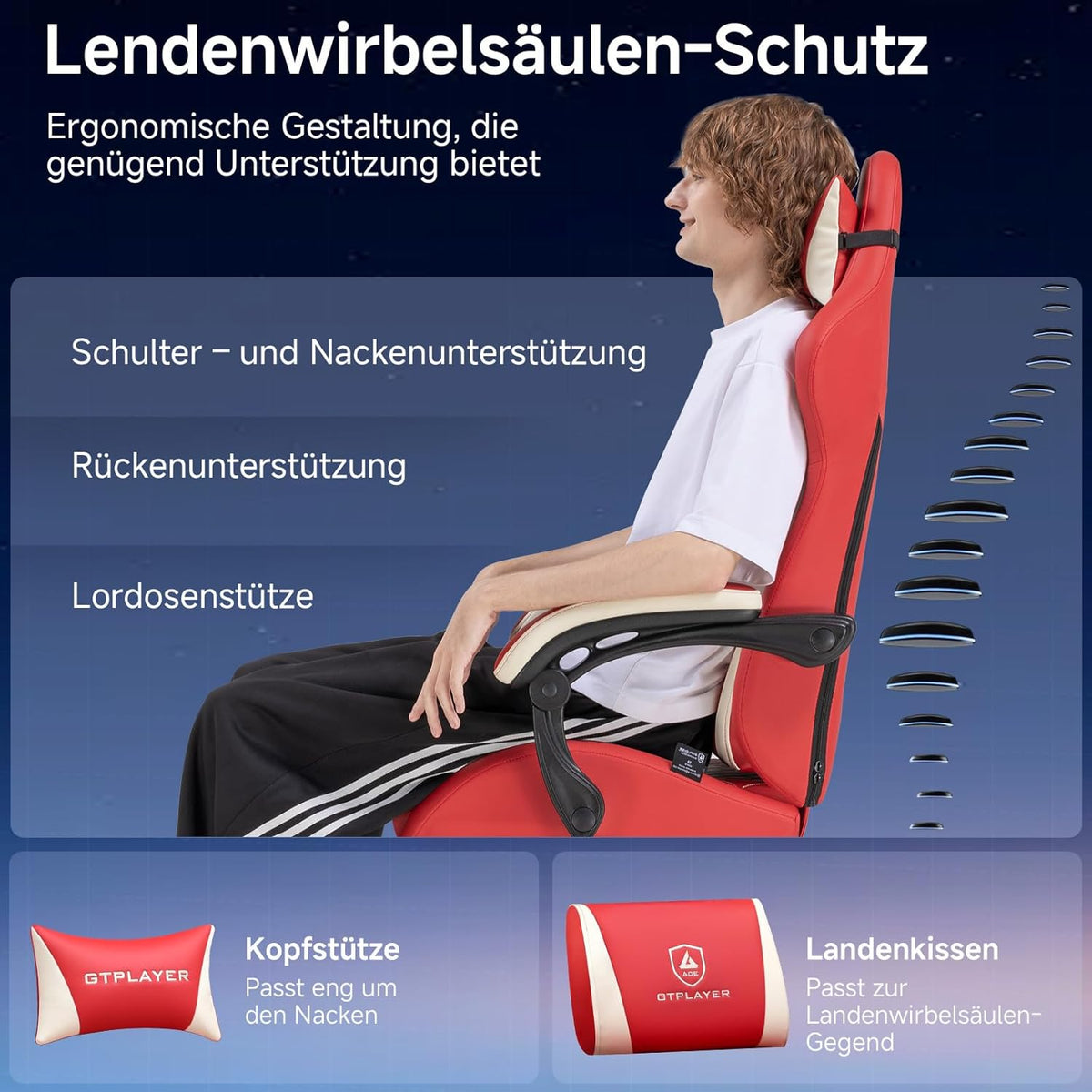 GTPLAYER Ergonomic Faux Leather Gaming Chair with Lumbar Support Computer Chair with Extended Backrest, Supports up to 150 kg, Red - QUORE
