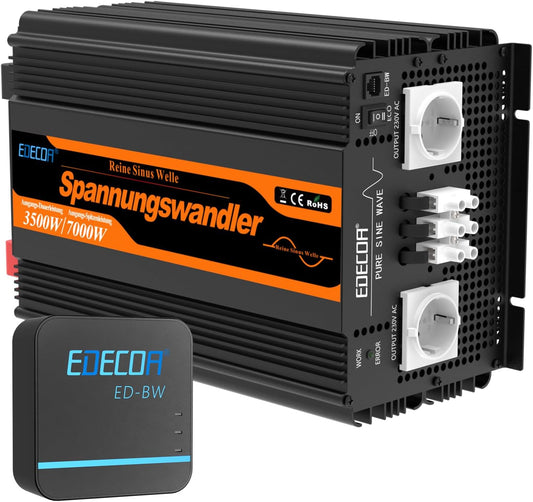 EDECOA 12 V 230 V omvormer, 3500 W/7000 W, 12 V naar 230 V, zuivere sinusgolf, omvormer met wifi-module, ondersteuning voor app-functies met 1 USB-poort en 1 PD-aansluiting