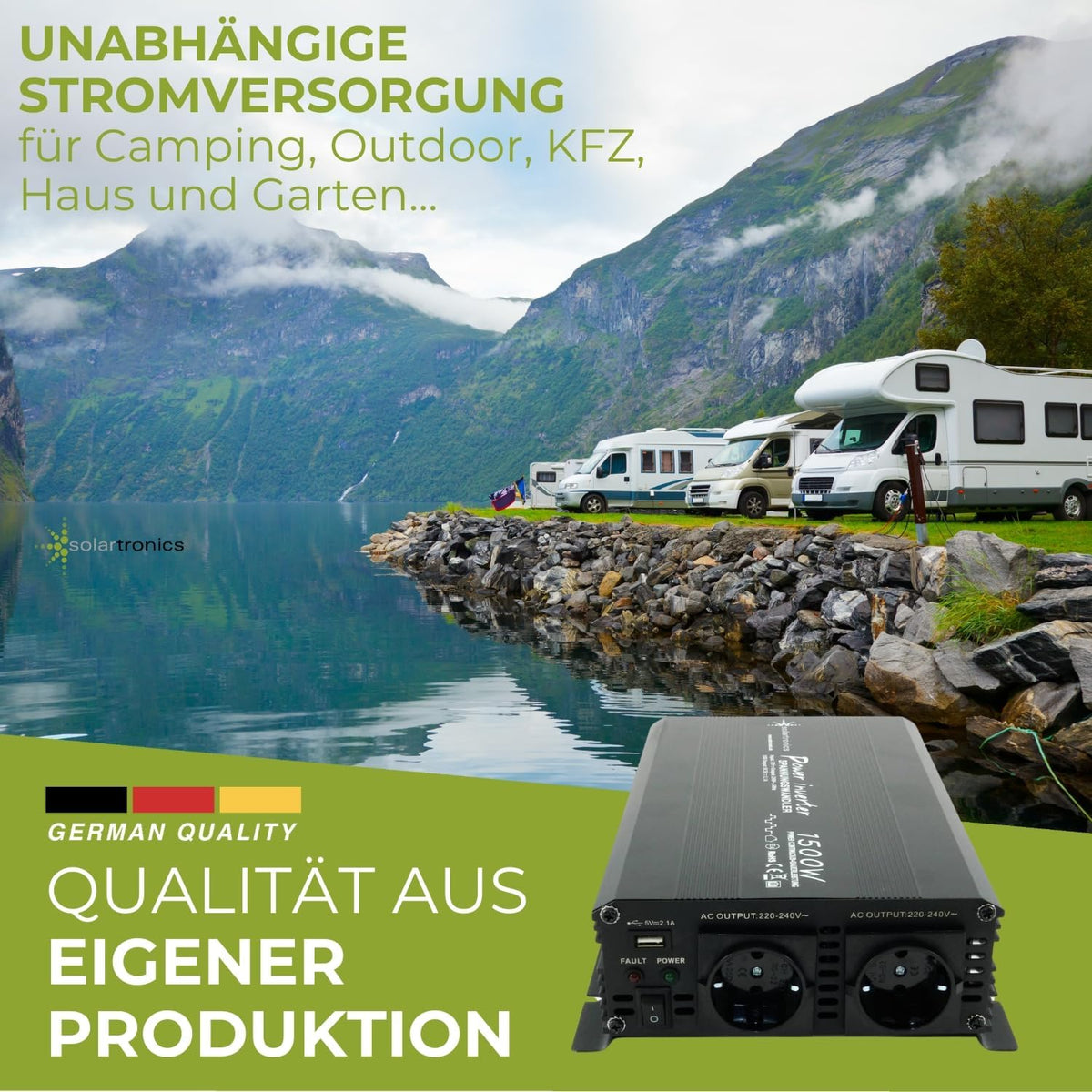 SOLARTRONICS Spanningsomvormer NM1500 12V 1500 Watt ZWART - 3000 Watt piekvermogen - omvormer 12 V naar 230 V - LifePO4 / lithium, lood- of AGM-batterij compatibel - met Schuko- en USB-aansluiting