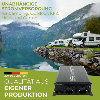 SOLARTRONICS Spanningsomvormer NM1500 12V 1500 Watt ZWART - 3000 Watt piekvermogen - omvormer 12 V naar 230 V - LifePO4 / lithium, lood- of AGM-batterij compatibel - met Schuko- en USB-aansluiting