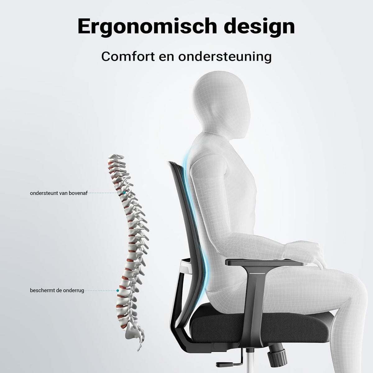 Ergonomische Bureaustoel – Comfortabele Werkstoel – Kantoorstoel – Draaistoel – Bureaustoel Met Lendensteun – In Hoogte Verstelbaar – Luchtdoorlatende Rugleuning – Belastbaar Tot 120 Kg