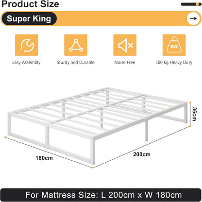 Tweepersoonsbed 180 x 200 cm Metalen Bed Met Lattenbodem, Hoogte 36 cm, Dubbel Bedframe, Stil, Stabiel, Minimalistisch Design, Eenvoudig te Monteren, Wit