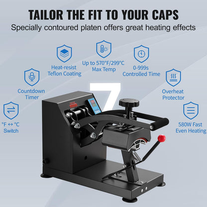 VEVOR Hoed Heat Press 5,5 x 3,5 inch Warmtepers Machine 600 W Professionele Hoed Warmtepers Machine voor Hoeden Caps Transfer Press Warmte met 12000 Uur Levensduur Digitale LCD-Timer en Temperatuurregeling