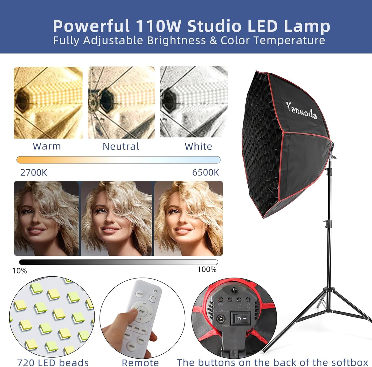 37 Inch Achthoekige Softbox Verlichtingsset – Studioverlichting – Studiolamp – Softbox Verlichting – LED Videolamp – 110W Dimbaar – 97 CRI