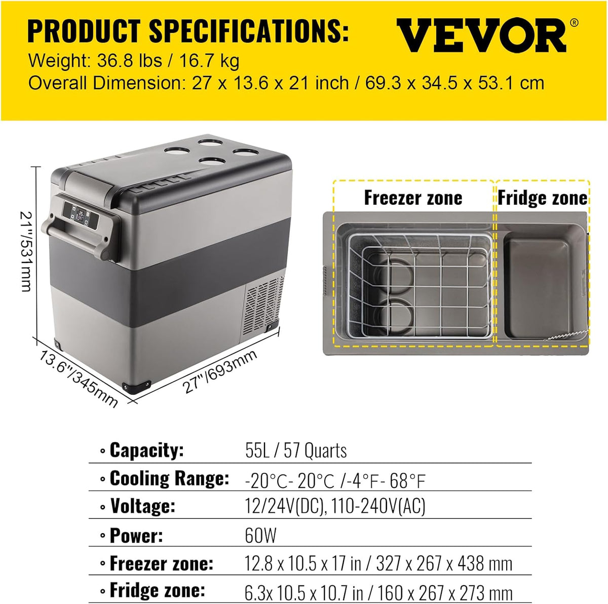 VEVOR Draagbare koelbox, 55 liter, autokoelkast, 220 V, mini-koelkast, elektrische vriezer, kleine vriezer voor auto, camping, vrachtwagen, boot