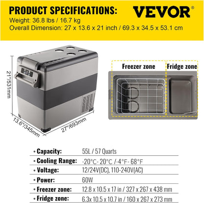 VEVOR Draagbare koelbox, 55 liter, autokoelkast, 220 V, mini-koelkast, elektrische vriezer, kleine vriezer voor auto, camping, vrachtwagen, boot