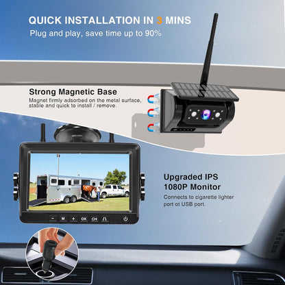 PARKVISION Draadloze Achteruitrijcamera Set 7 Inch - Magnetische Montage, 9600mAh Accu & Zonne-energie, 1080P met Nachtzicht en Opname