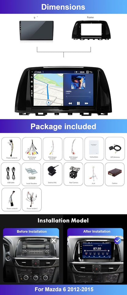 [4G + 64G] Dual DIN Android 15 autoradio voor Mazda 6 GJ Atenza 2012-2016 CarPlay, DSP, camera+MIC, stuurbediening, RDS, 4G, wifi, Dab, Bluetooth 5.0, 9 inch IPS-display