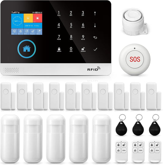 Draadloze alarmsysteem voor thuis, draadloze GSM-alarmset met sirene, PIR-bewegingsmelder, afstandsbedieningen, raam-/deursensor, ondersteuning voor 2G-SMS-Push (verpakking van 21)