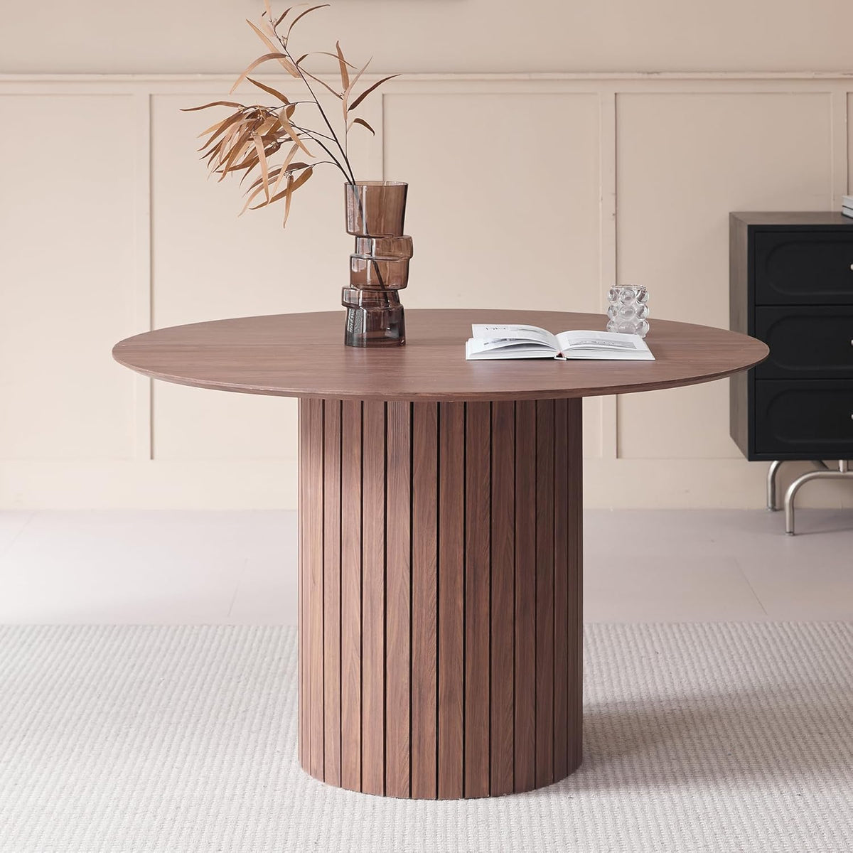 Ronde Eettafel – Boerderijkeukentafel – Eetkamertafel – Keukentafel – Tafel Voor 4-6 Personen – MDF Tafelblad 1,8 cm Dik – Robuuste Cilindrische Houten Lattenbasis