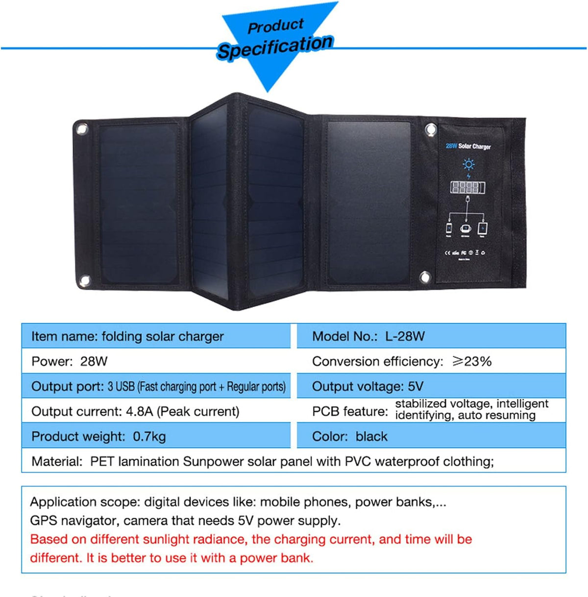 Oplader op zonne-energie, DC 5 V 28 W, draagbare oplader op zonne-energie, waterdicht, zeer efficiënte oplader voor zonnepaneel, externe accu voor buiten, voor tablets en wandelen, kamperen