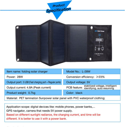 Oplader op zonne-energie, DC 5 V 28 W, draagbare oplader op zonne-energie, waterdicht, zeer efficiënte oplader voor zonnepaneel, externe accu voor buiten, voor tablets en wandelen, kamperen