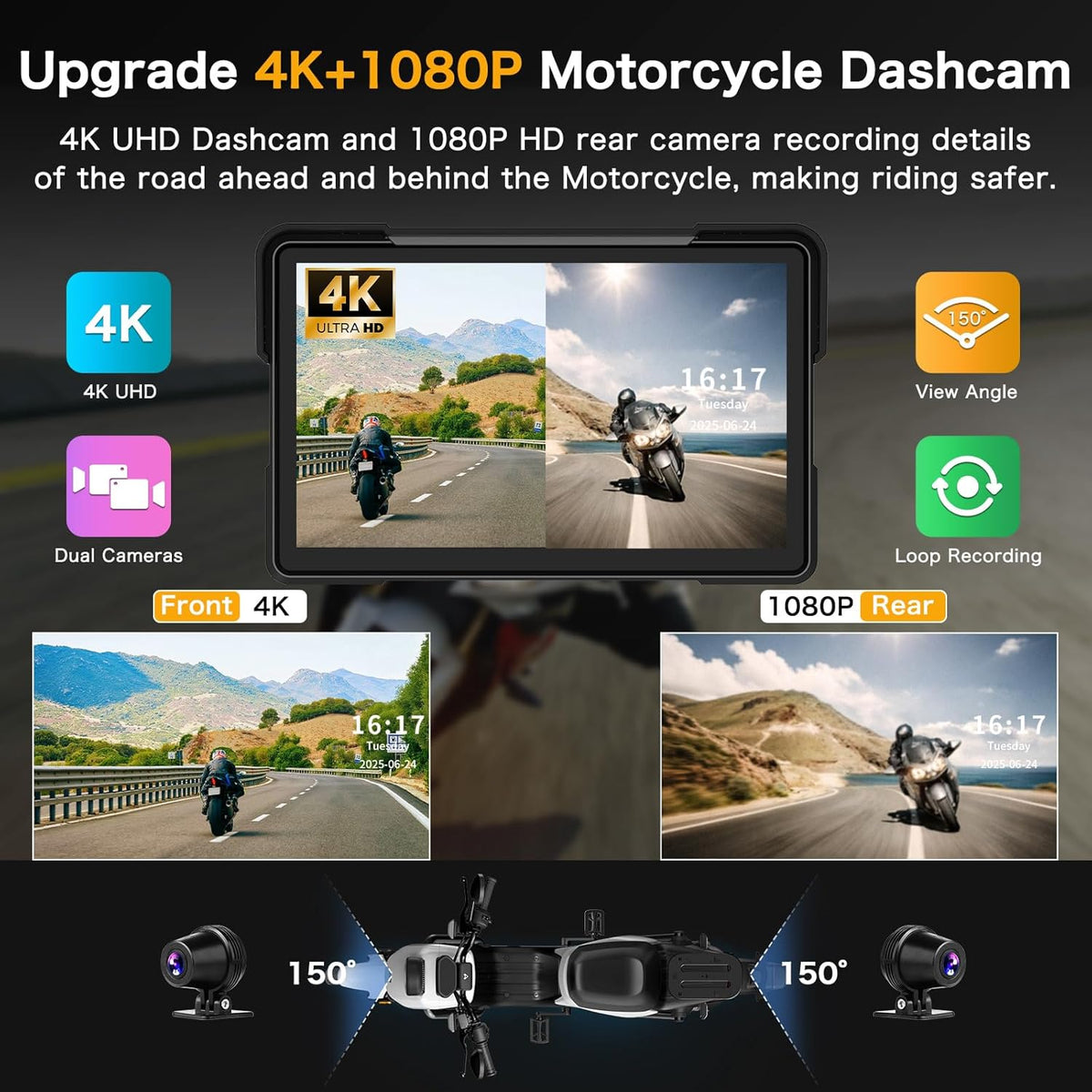 Moto Carplay Écran 7 Pouces Plus Grand 4K+1080P Double Caméra Dash Cam Moto Carplay Android Auto Écran Étanche Carplay Moto Écran GPS Navi Double-Bluetooth Commande Vocale Siri Carte 64GB