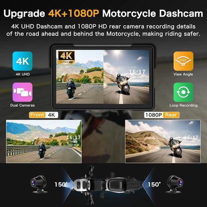 Moto Carplay Écran 7 Pouces Plus Grand 4K+1080P Double Caméra Dash Cam Moto Carplay Android Auto Écran Étanche Carplay Moto Écran GPS Navi Double-Bluetooth Commande Vocale Siri Carte 64GB