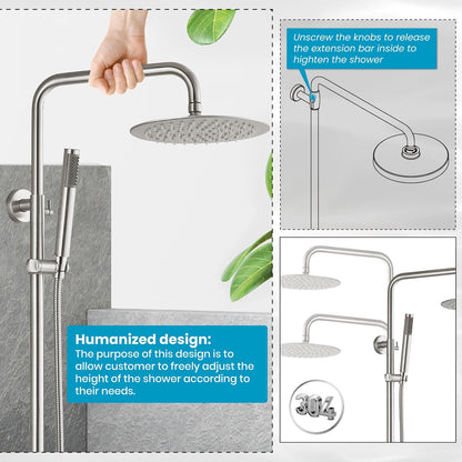 Outdoor Douchekraan SUS304 Douche Armatuur Systeem Combo Set Regendouche Enkele Handvat Hoge Druk Hand Spray Muur Mount 2 Functie Geborsteld Nikkel 8 "Regendouche Hoofd Kit