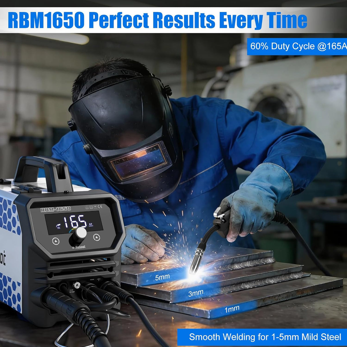 Reboot MIG-lasapparaat 165 AMP 230 V 4-in-1 meervoudig proces | gasloos / lift TIG/stick MMA met groot led-display, RBM1650 + gratis accessoires