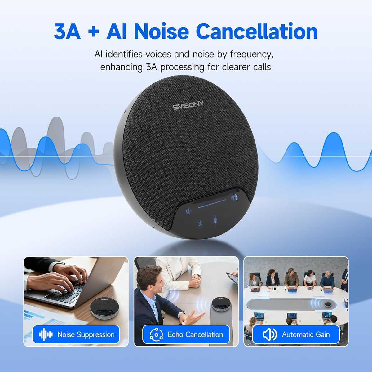 SVBONY SVN O1 Wireless Conference Speaker, AI Noise Cancellation, Wireless Cascading, 4 Microphones, 360° Full Duplex Speaker, Bluetooth 5.0 and USB Dongle for Large Meeting Rooms (2 Pack) - QUORE
