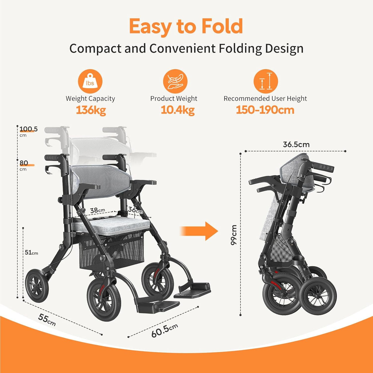VOCIC 2 in 1 rolstoelrollator, opvouwbaar en lichtgewicht met zitje, rubberen buitenbanden voor elk terrein, lichtgewicht rollator, aluminium transportstoel, obsidiaanzwart (5 jaar garantie)