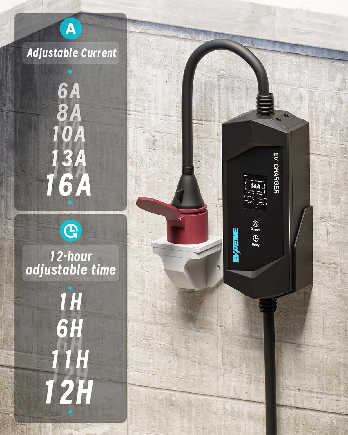 Elektrische autolader 11 kW [8 m | driefasig | 6-16 A | 380 V] type 2 CEE-stekker, EV-oplader, mobiel laadstation voor type 2 EVs, instelbare oplaadtijd [0-12 uur], IP65