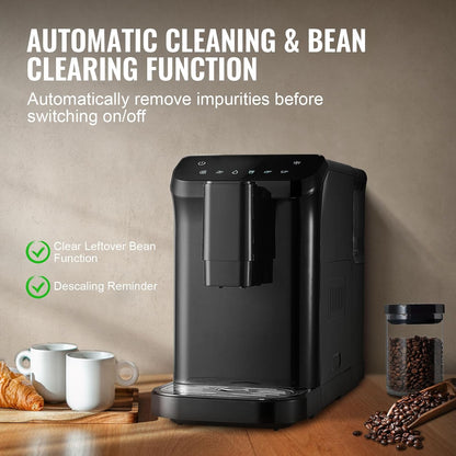 VEVOR Automatische espressomachine, professionele espressomachine 15 bar met geïntegreerde molen, 15 maalstanden, met 1,5 l waterreservoir en 180 g bonentrechter, voor kantoor