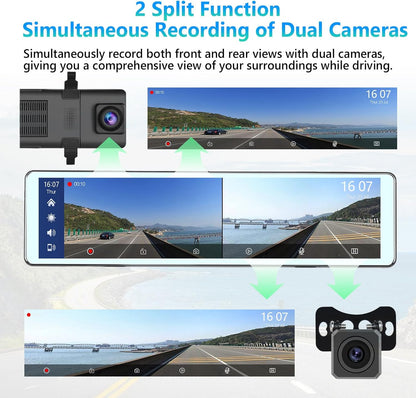 Podofo spiegel dashcam met achteruitkijkcamera met Apple Carplay Android Auto 11,26 inch IPS touchscreen Dual 1080P achteruitkijkspiegel dashcam dashcam auto, 2 gedeelde schermen, Bluetooth