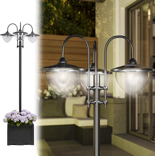 Solar Tuinlamp – Solar Buitenlicht – Solar LED Lamp – Solar Tuinverlichting – Driekoppige Lamp Met Bloempotvoet – Waterdicht – Roestvrij Staal – 60x55x189 cm