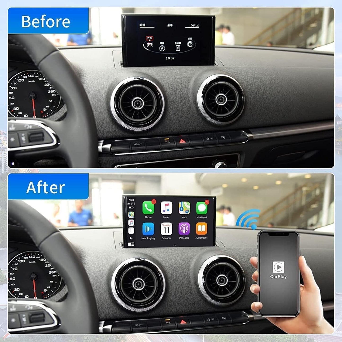 Retrofit Kit Decoder met Wireless CarPlay & Android Auto voor Audi A3/S3 2013-2018, Ondersteuning Mimrorlink, Youtube, GPS Achteruitrijcamera, Siri