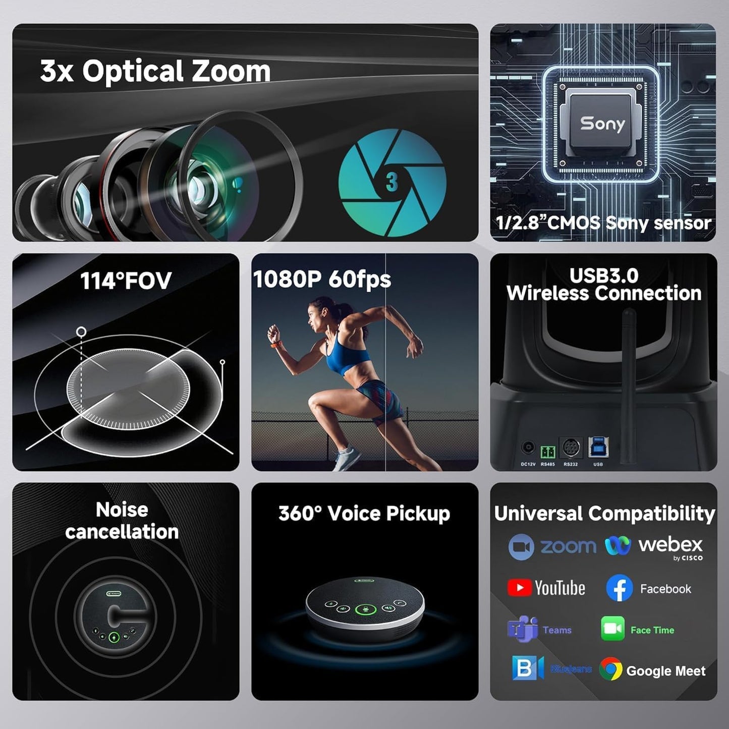 Camerasysteem voor vergaderruimte, draadloos, 5,8 GHz, PTZ-camera 3 x 60 fps met bluetooth-microfoon, bereik van 50 voet, met zoom, Skype, OBS - eenvoudig te installeren en online vergaderingen