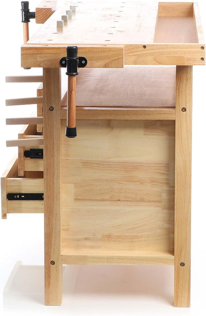 Wiltec houten werkbank 126x50x84 cm incl. spantangen, werkbankhaken, laden en apparatuurvakken