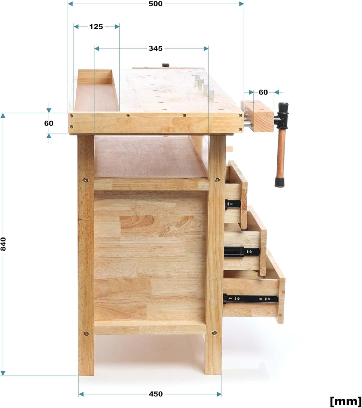 Wiltec houten werkbank 126x50x84 cm incl. spantangen, werkbankhaken, laden en apparatuurvakken